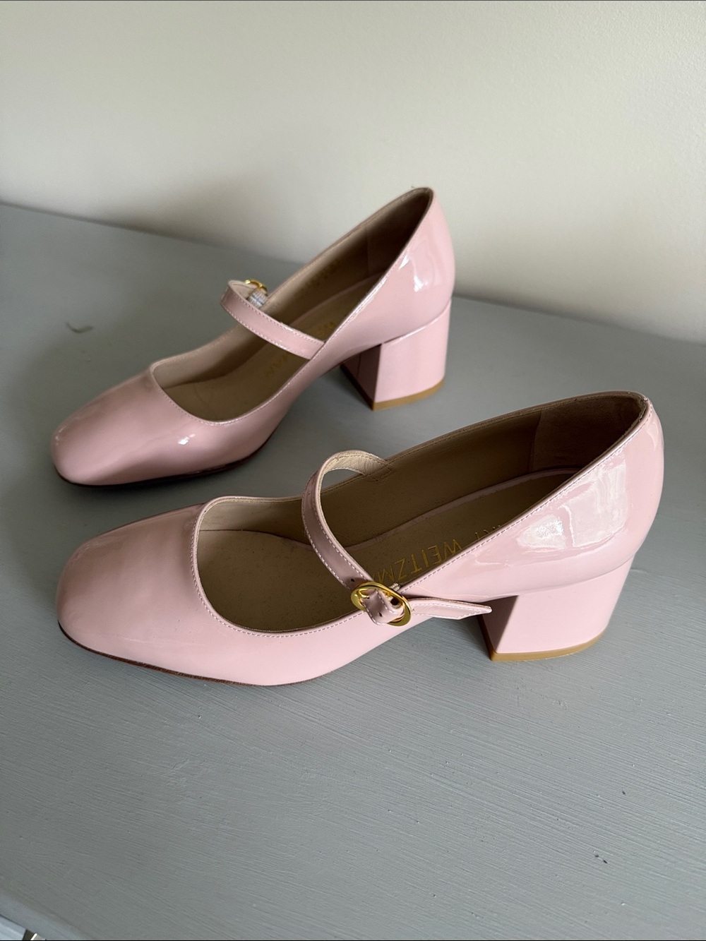 Stuart Weitzman Pale Pink Patent Mary Jane Block Heels